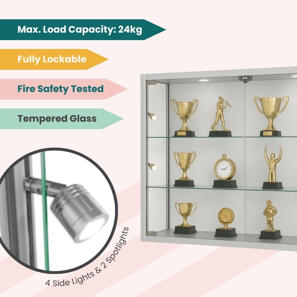 Lockable glass cabinet with spotlights and tempered shelves, ideal for showcasing trophies and awards.