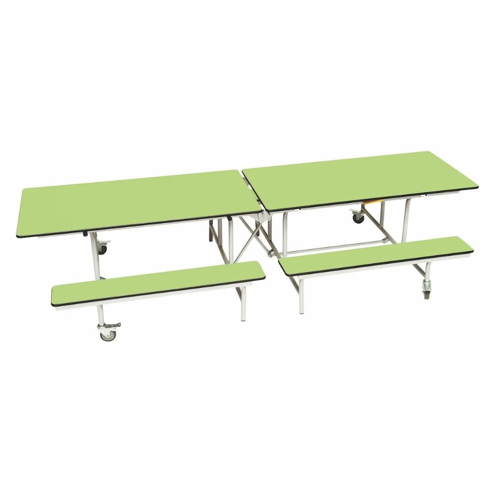 Green 3-in-1 canteen bench dining table with tough laminate top and foldable design for schools