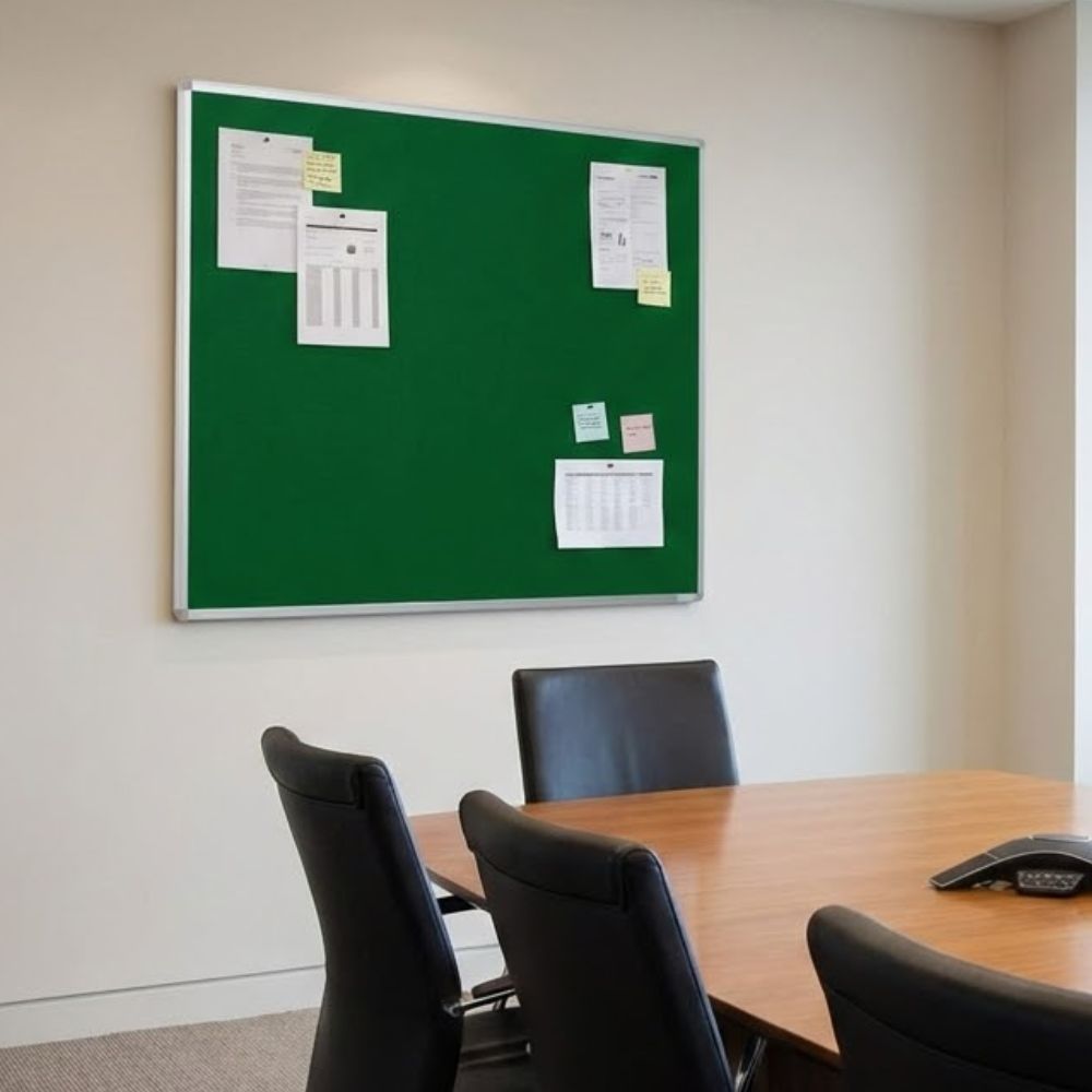 Green aluminium framed noticeboard measuring 1200 x 1200mm displayed on a boardroom wall with documents pinned in place above a wooden conference table and black chairs.