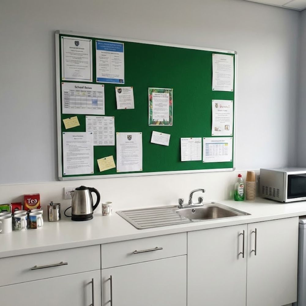 Green aluminium framed noticeboard measuring 1800 x 1200mm displayed on a staff kitchen wall above a sink, kettle and microwave with notices pinned in place.