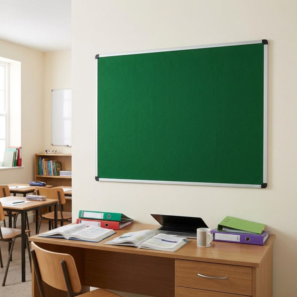 Green aluminium framed noticeboard mounted on a classroom wall above a teacher’s desk with open books, folders and a laptop.