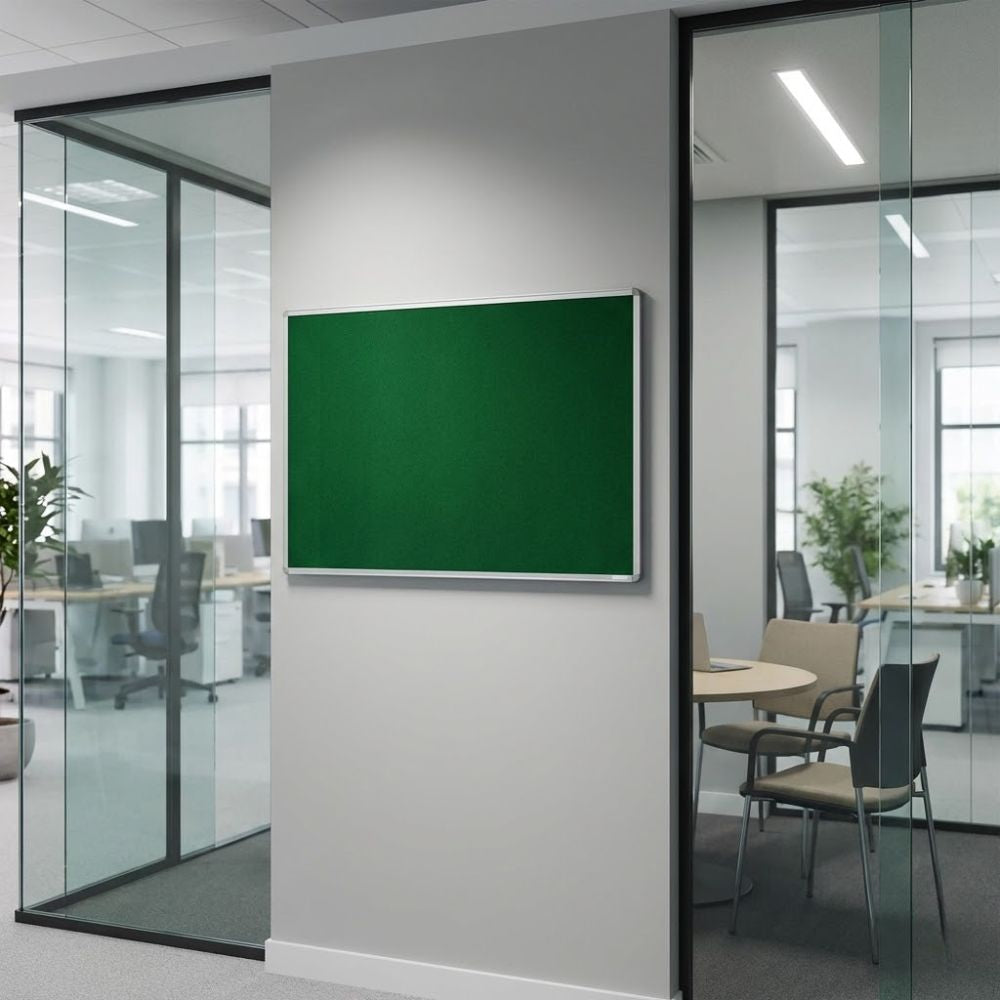 Green aluminium framed noticeboard displayed on a partition wall within a modern glass office space overlooking desks and meeting tables.
