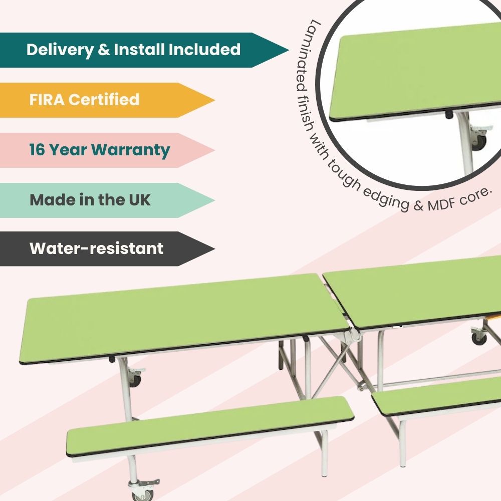 Green laminated bench canteen table for schools with features including delivery and install, FIRA certified, UK made, and long warranty.