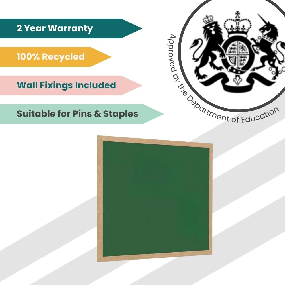 Green noticeboard with wooden border and feature tags for recycled materials, wall fixings, and Department of Education endorsement.