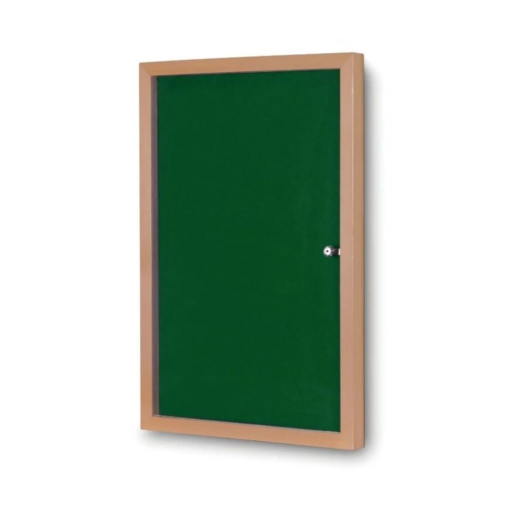 Green pinboard-style display case with locking glass front and wood-effect frame for secure postings.