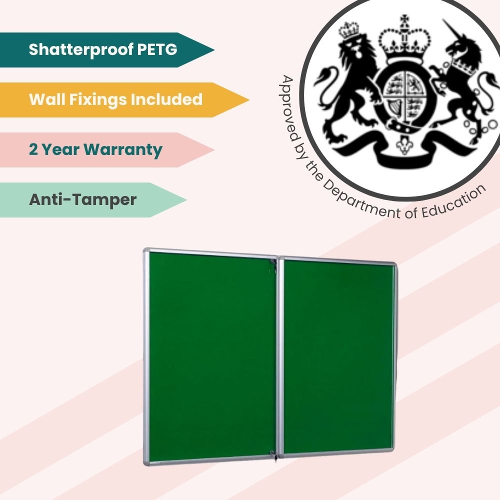 Green double-door noticeboard with PETG cover and lock, approved for secure school or office use.