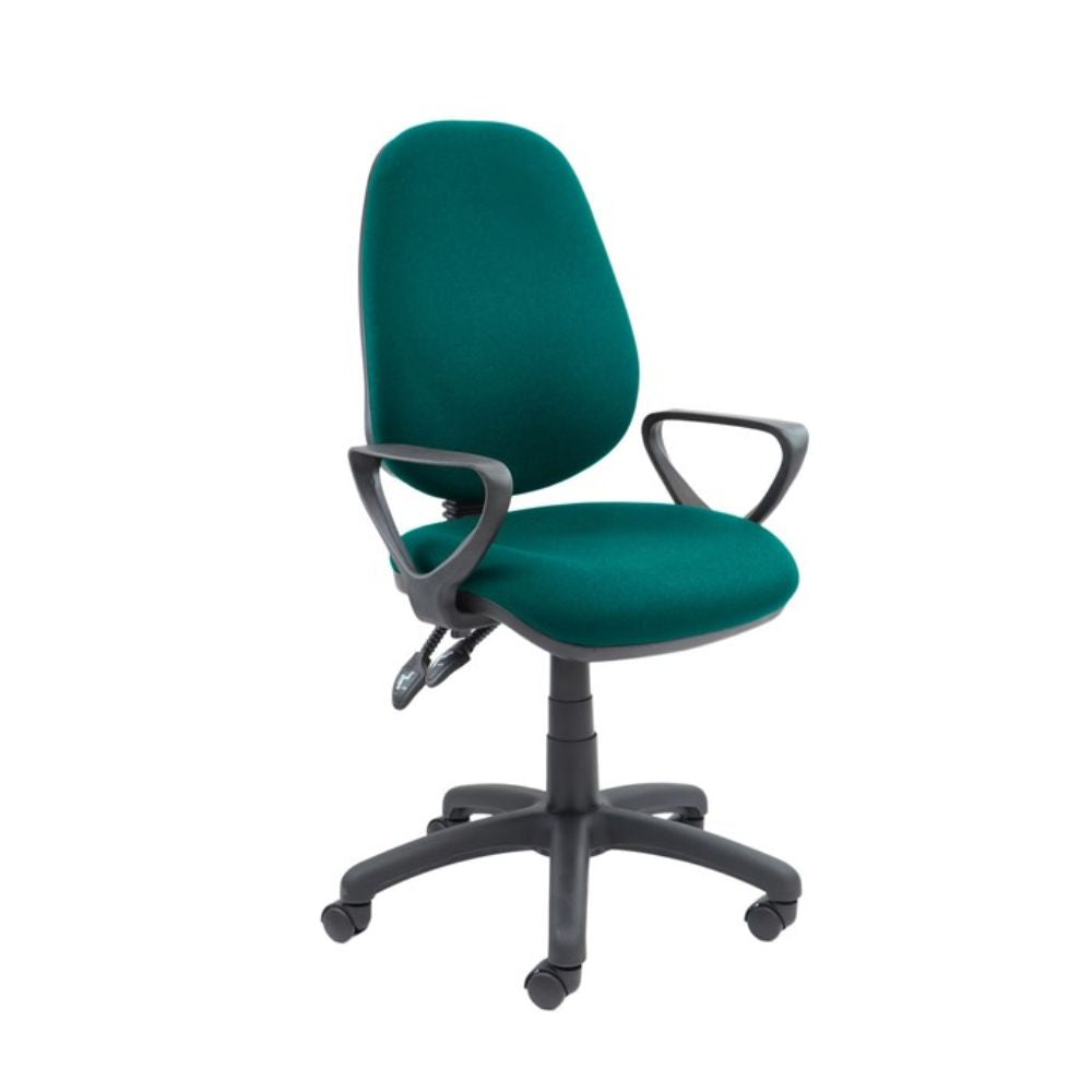 Green fabric operator office chair featuring a padded backrest and seat, black armrests, twin lever adjustment and height-adjustable five-star base with castor wheels, isolated on a white background.