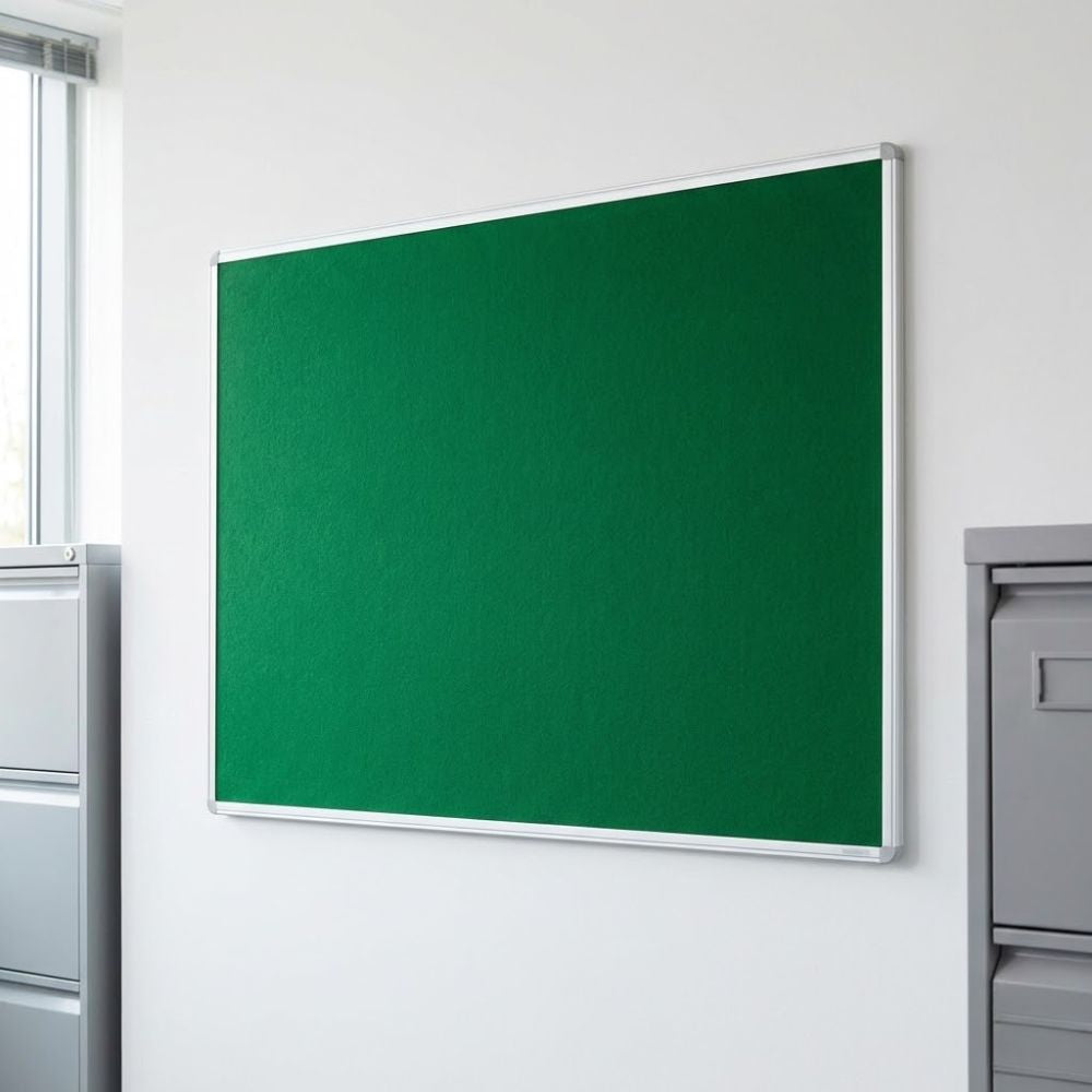 Green felt noticeboard with aluminium frame, installed on an office wall beside filing cabinets.