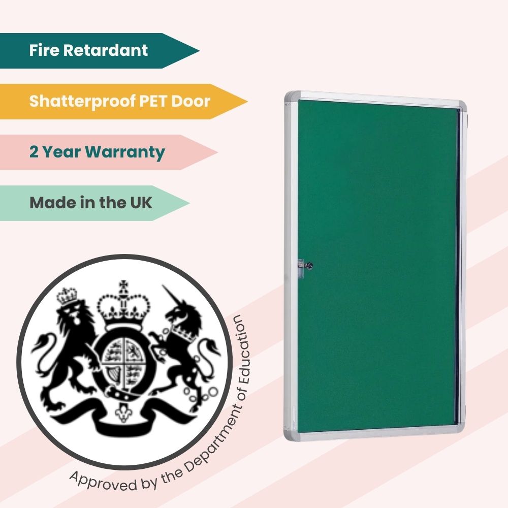 Green wall-mounted board with shatterproof door and fire-rated surface, suitable for institutional use.
