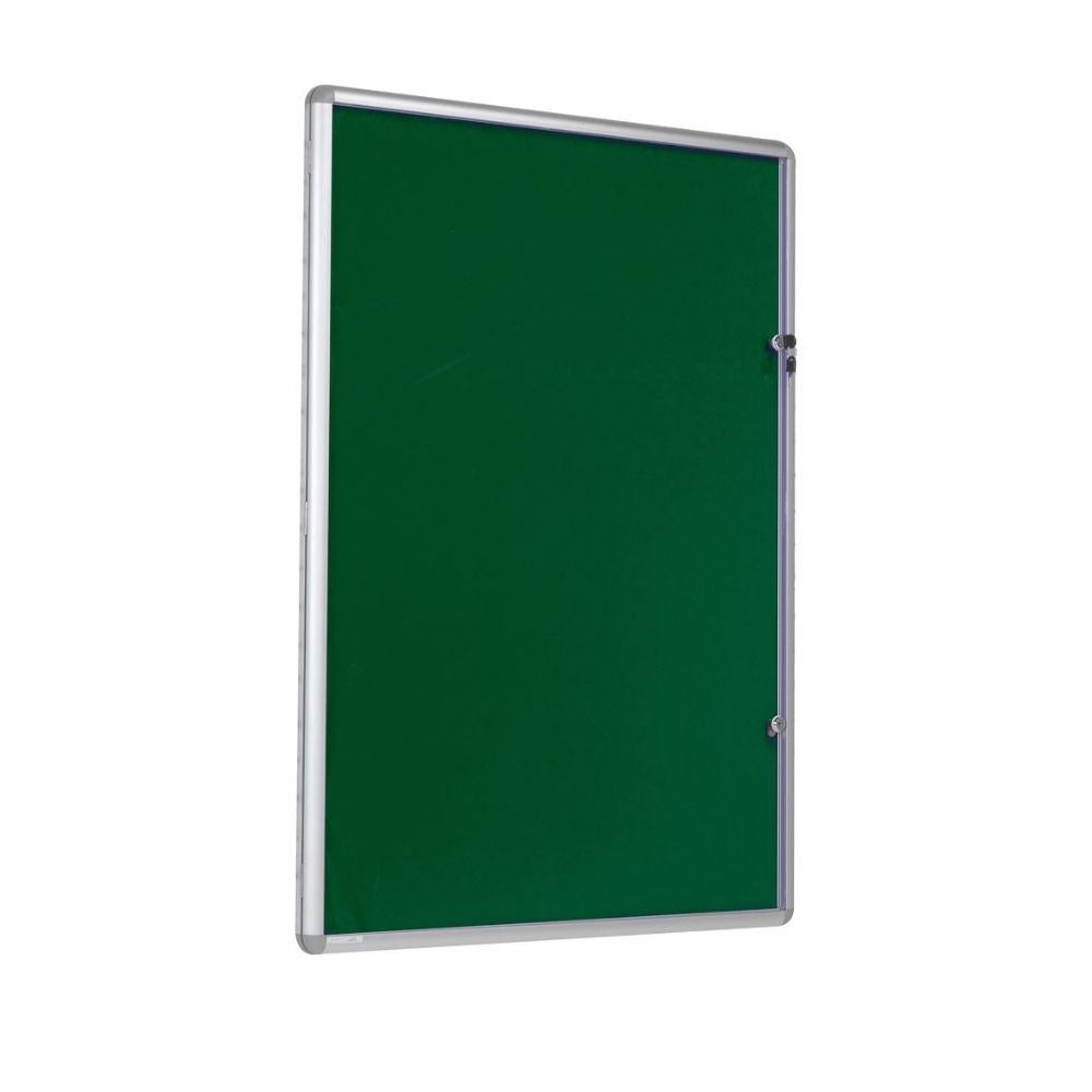Lockable green noticeboard with silver frame and clear cover, designed for secure indoor displays.