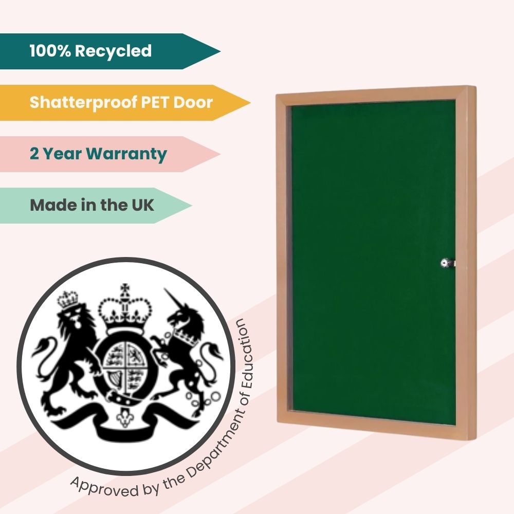 Green lockable noticeboard with PET door and wood frame, UK-made and certified for school use.
