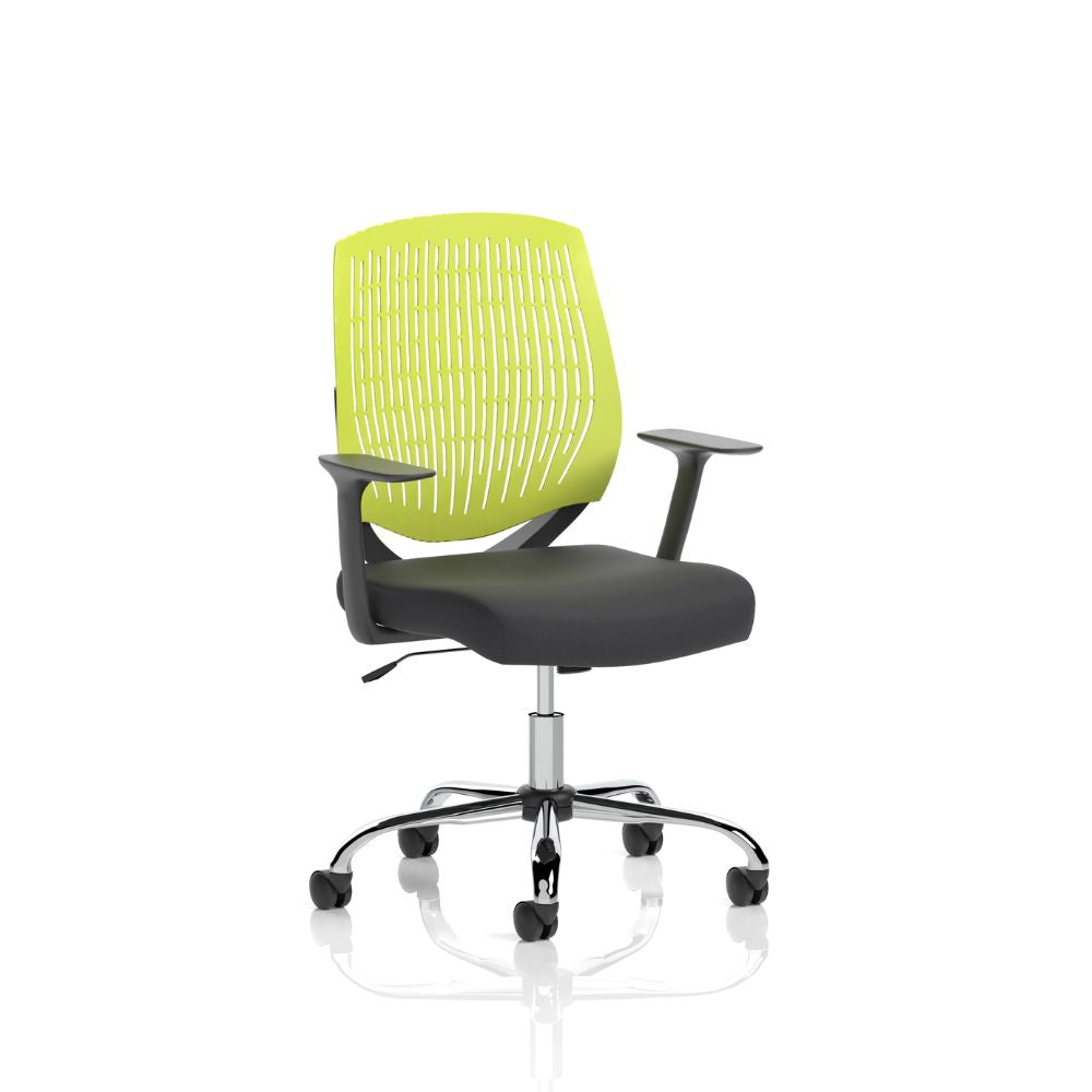 Green modern office chair with ventilated slatted backrest, padded seat, armrests and chrome five-star wheeled base isolated on a white background.