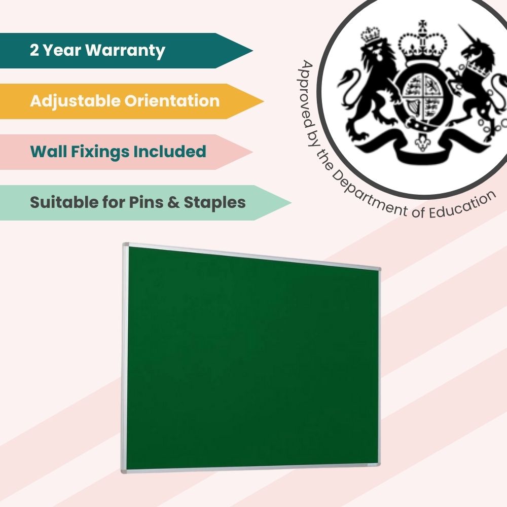 Green notice board with silver frame, featuring adjustable orientation, pin and staple compatibility, and Department of Education approval.
