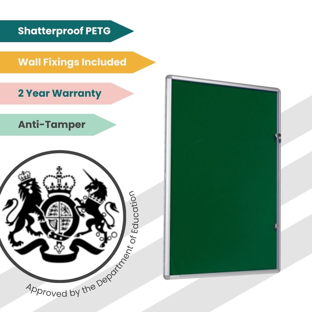 Green noticeboard with PETG cover and lock, approved for safe use in schools and offices.