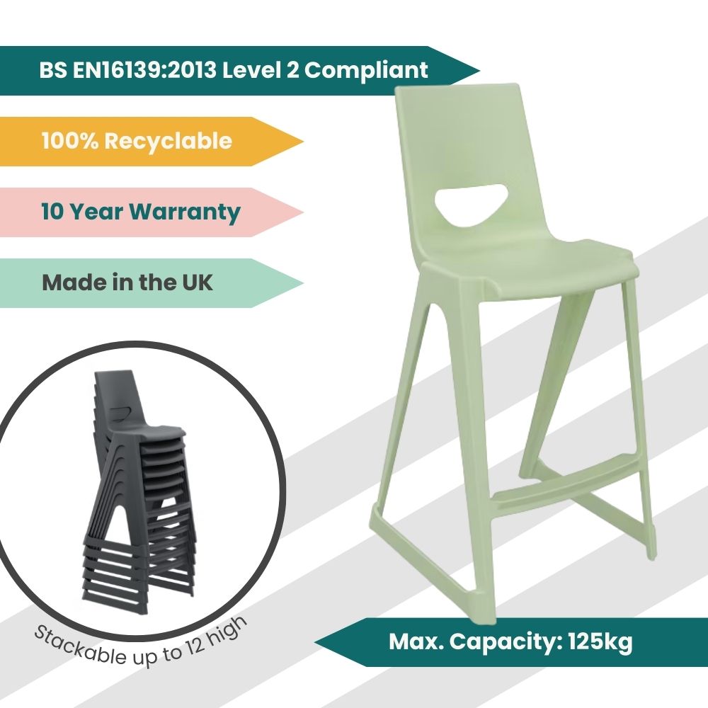 Infographic of an apple green one-piece stool highlighting its BS EN16139:2013 Level 2 compliance, 10-year warranty, and space-saving ability to stack up to 12 high.