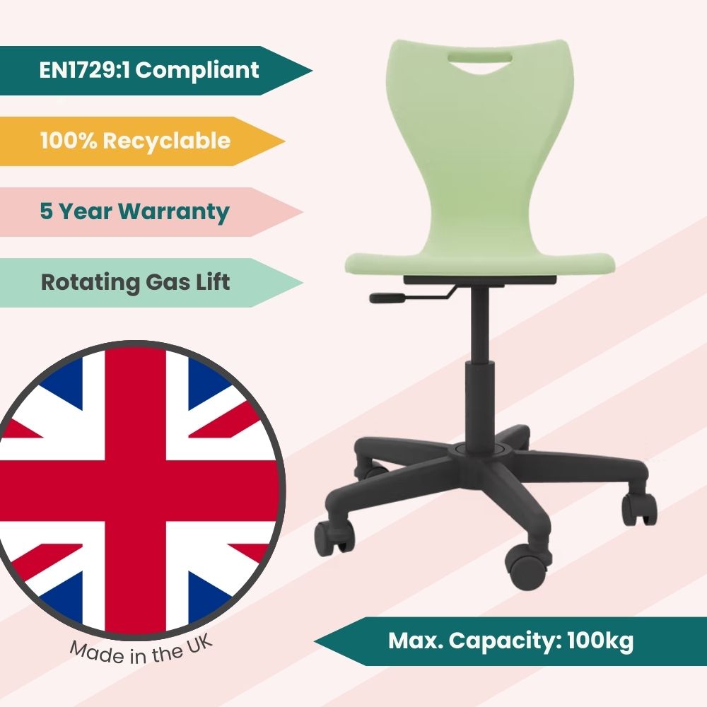 Vibrant apple green student swivel chair with a 100% recyclable polypropylene shell and a sturdy black five-arm base designed for collaborative learning.
