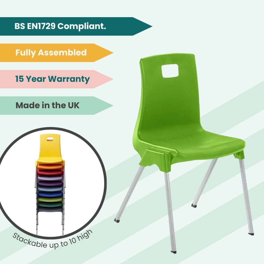 Green classroom chair with promotional tags and inset showing stackable multi-colour options.