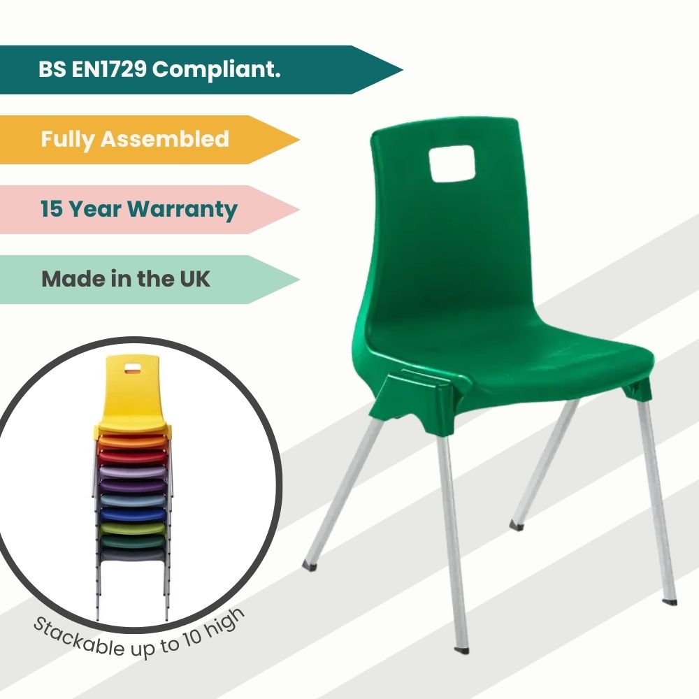 Green classroom chair with feature tags and inset showing stackable multi-colour variants for institutional use.