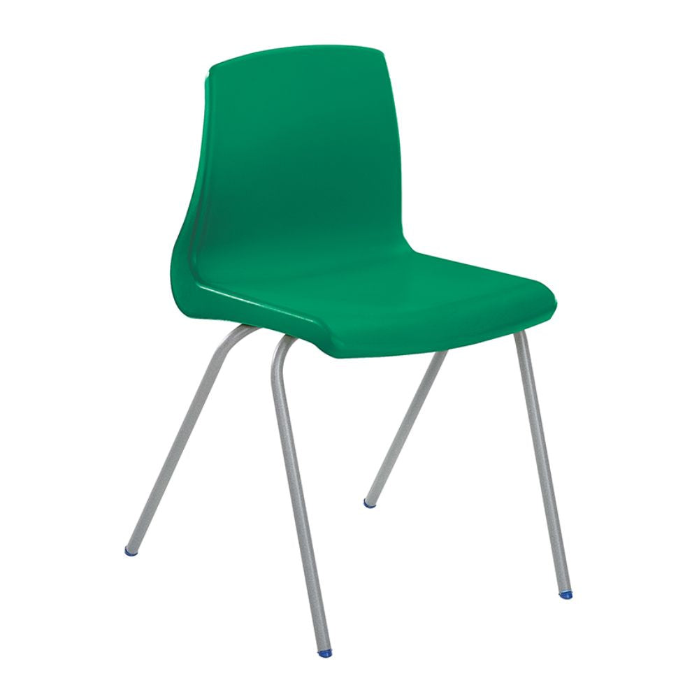 Green plastic chair with silver metal legs and blue foot caps, designed for stacking in educational environments.