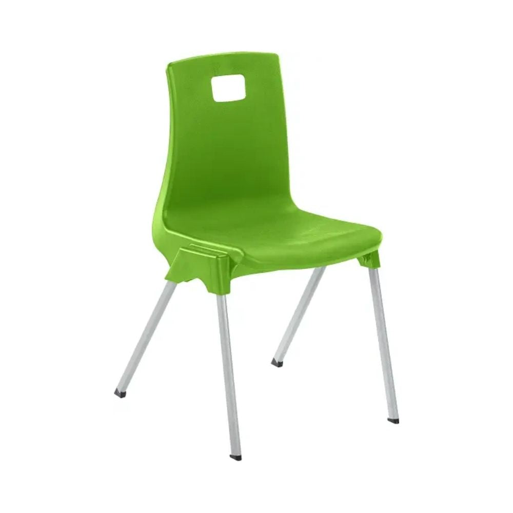 Green classroom chair with promotional tags and inset showing stackable multi-colour options.