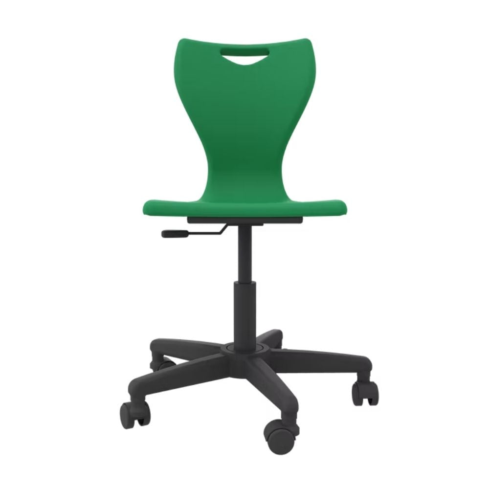A dark green student swivel chair featuring precision gas-lift height adjustment and a stable five-star nylon base with castors for easy movement in school computer rooms.