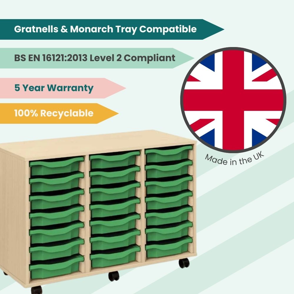 Green tray storage unit with UK flag emblem, showcasing features like BS EN 16121:2013 compliance, five-year warranty, 100% recyclability, and compatibility with Gratnells and Monarch trays.