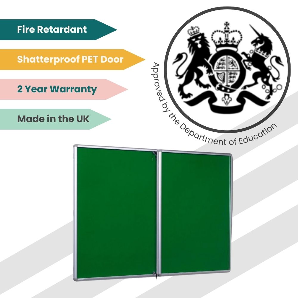 Green dual-panel board with shatterproof doors and fire-rated surface, built for institutional use.