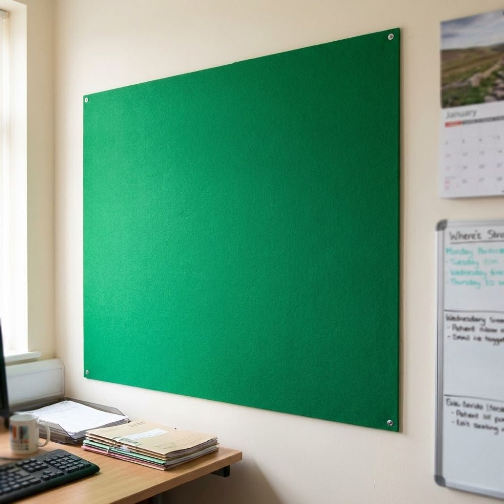 Green unframed felt noticeboard measuring 1500mm x 1200mm, large rectangular board fixed to an interior office wall above a desk.