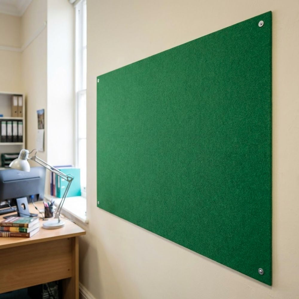Green unframed felt noticeboard measuring 1800mm x 1200mm, wide wall mounted board with visible corner fixings in a professional workspace.