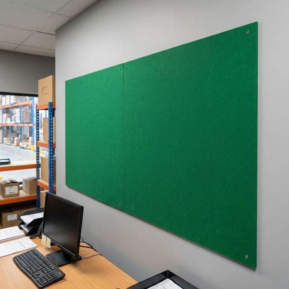 Green unframed felt noticeboard measuring 2400mm x 1200mm, large rectangular board with visible corner fixings mounted in a workplace environment.