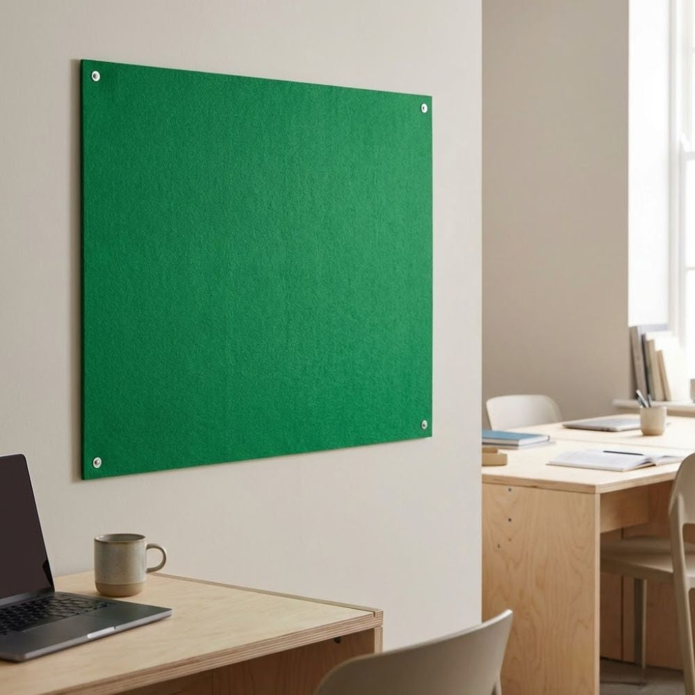 Green unframed felt noticeboard measuring 900mm x 600mm, square wall mounted board with visible corner fixings in a modern home office.