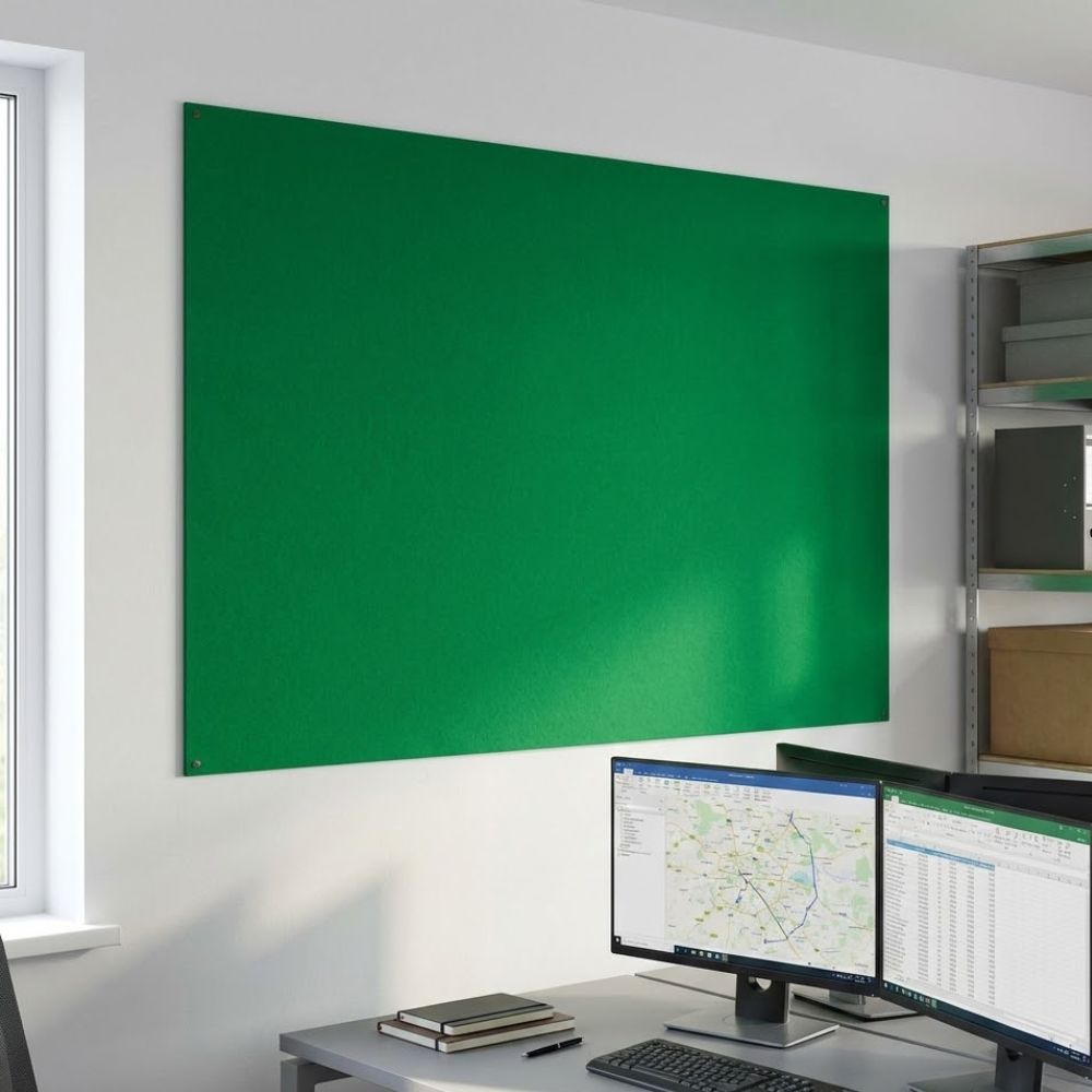 Green unframed fire resistant felt noticeboard measuring 1800mm x 1200mm, mounted on a wall in a commercial office environment with corner mounts.