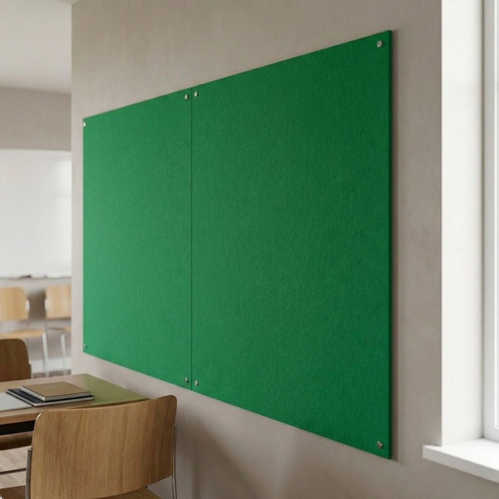 Green unframed fire resistant felt noticeboard measuring 2400mm x 1200mm, extra wide board fixed to an interior wall with visible corner mounts.
