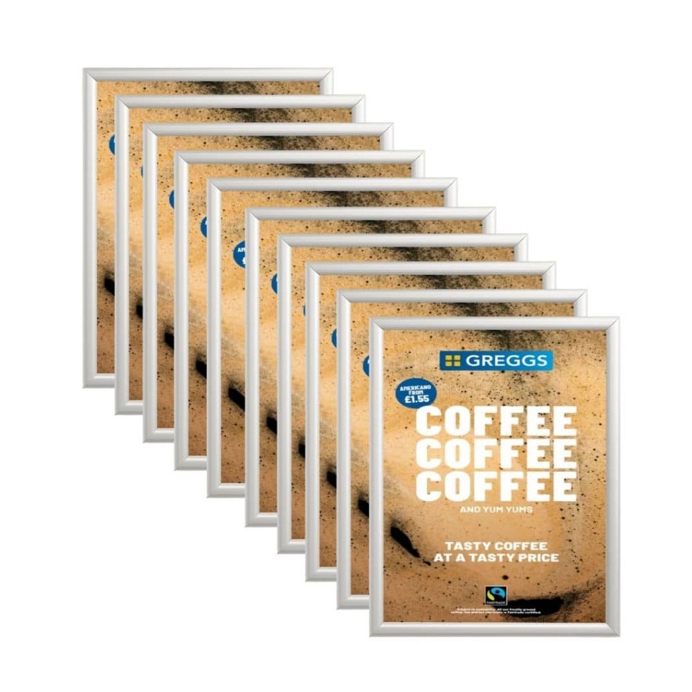 Greggs coffee posters with crema texture and Fairtrade logo, built for high-volume bakery marketing.