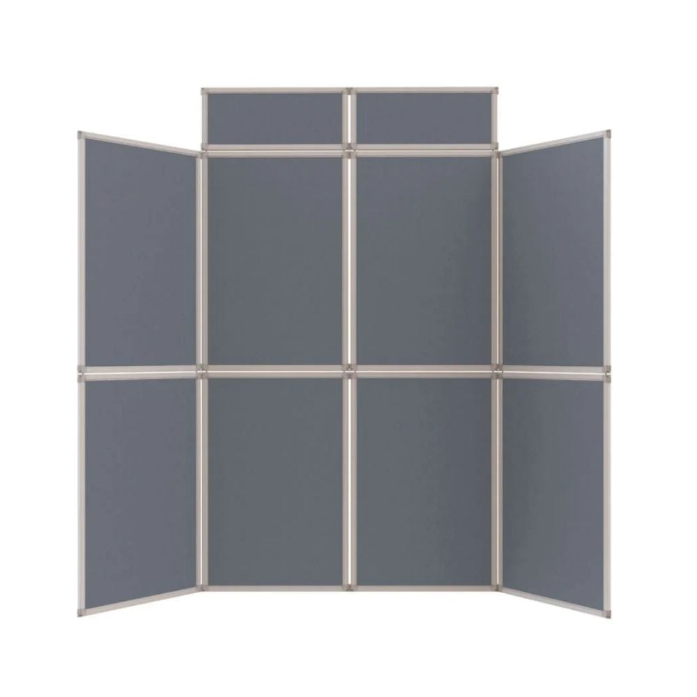 Large grey display board with thirteen panels and angled sides, used for structured exhibition displays.