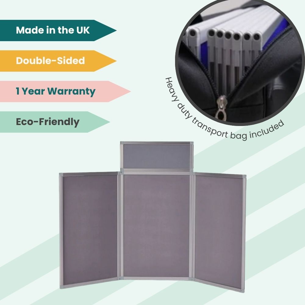 Grey four-panel display board with raised header and carry bag, designed for eco-friendly UK exhibitions.