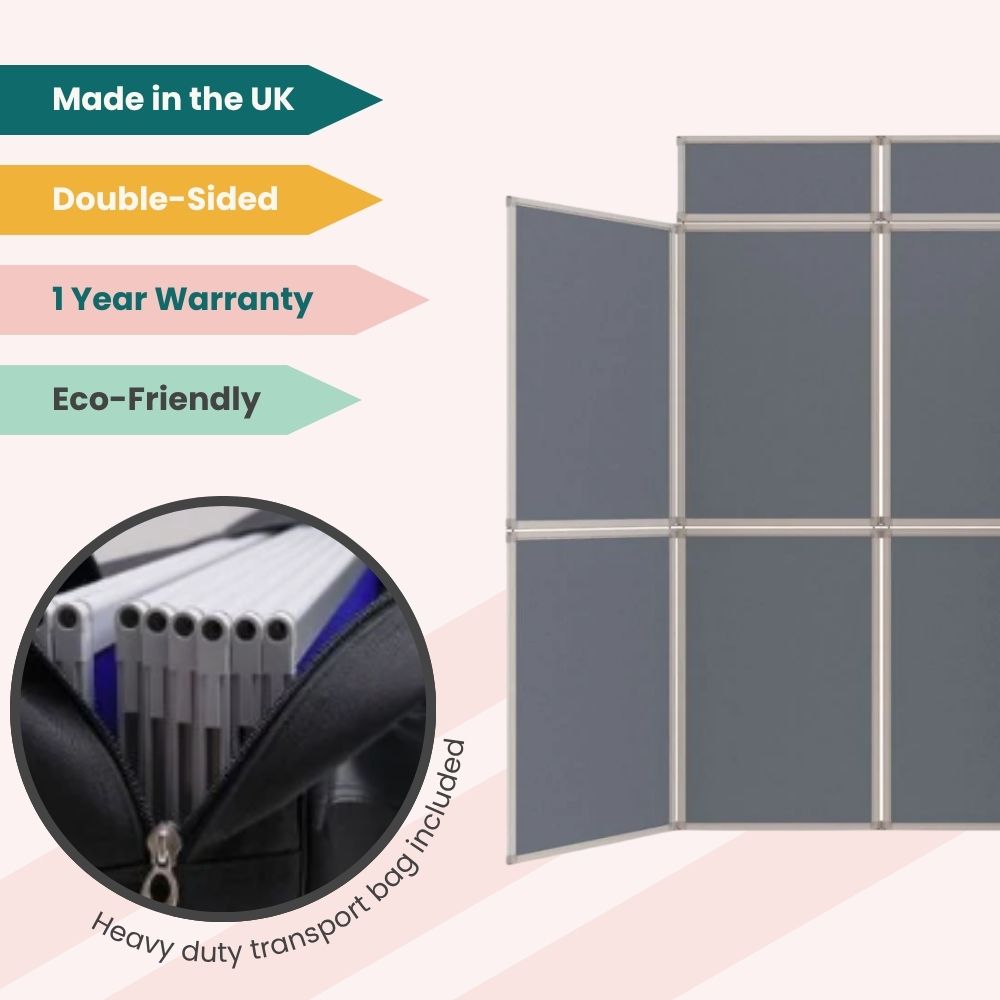 Grey nine-panel display board with silver frame and carry bag, designed for eco-conscious UK exhibitions.