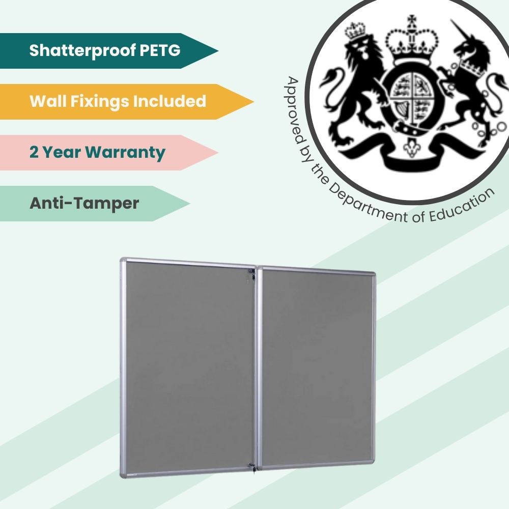 Grey double-door noticeboard with PETG cover and lock, approved for educational and institutional use.