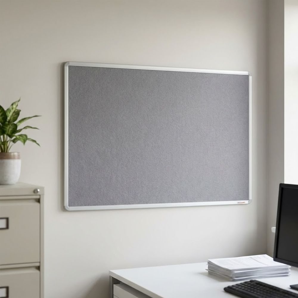 Grey felt noticeboard with aluminium frame, displayed in a modern workspace above a desk with computer and paperwork.