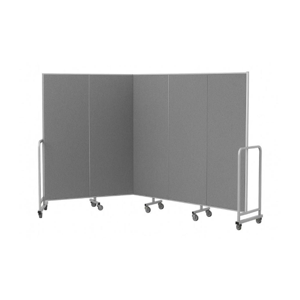 Five-panel grey divider with folding hinges and caster wheels, built for dynamic layout zoning.