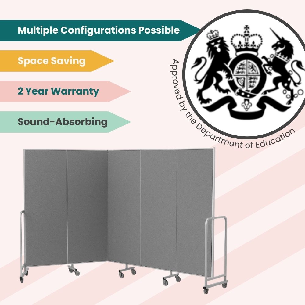 Grey modular screen with acoustic surfaces and zigzag setup, certified for institutional interiors.