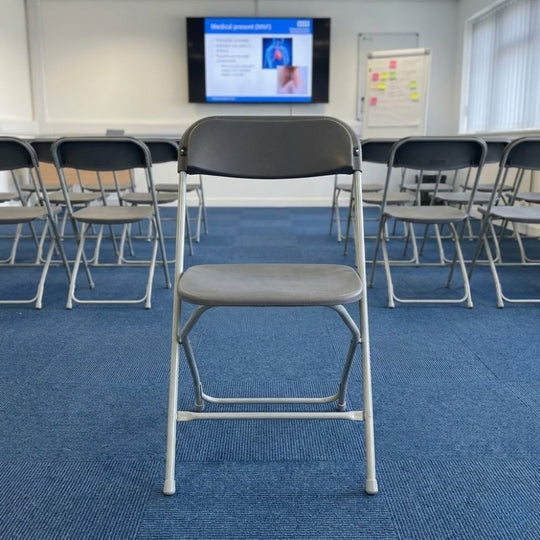 Grey Straight Back Folding School Assembly Chair - Grey Steel Frame