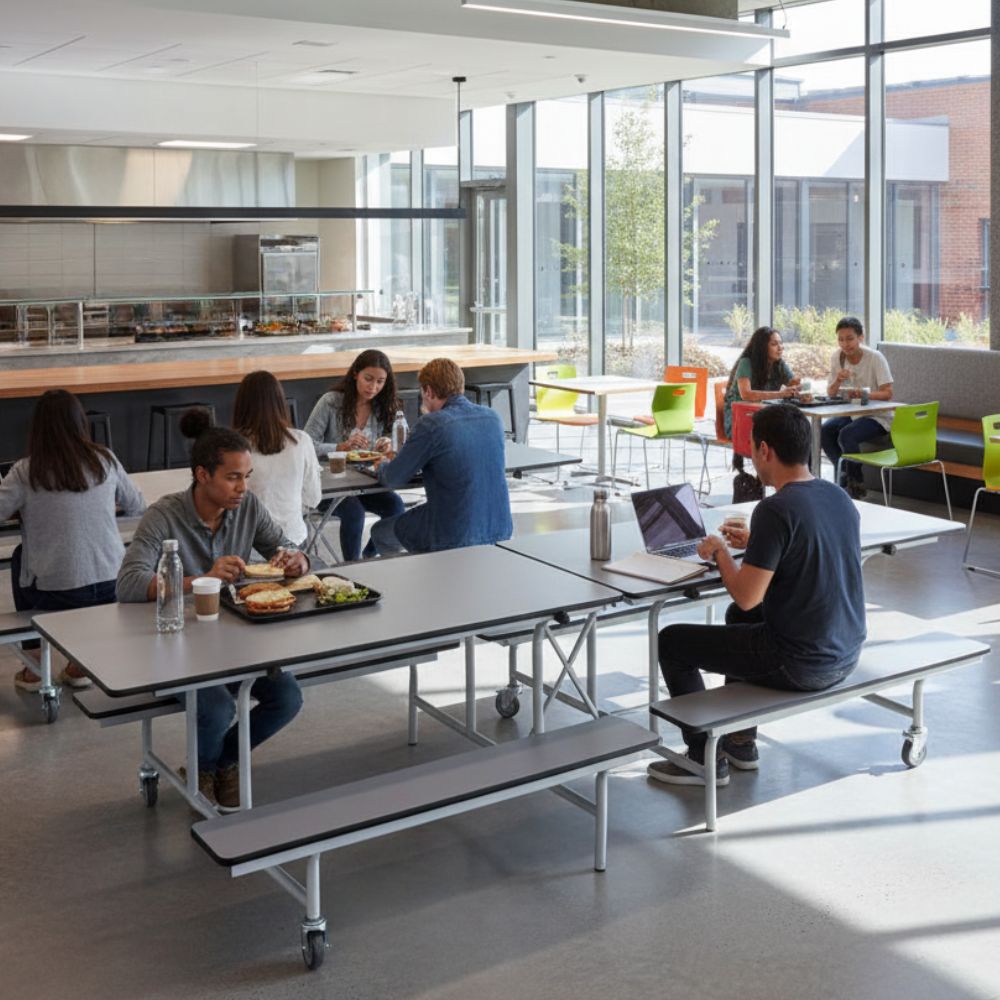 Grey folding canteen table with attached benches in a university dining area, occupied by students eating and studying in a modern, glass-fronted cafeteria.