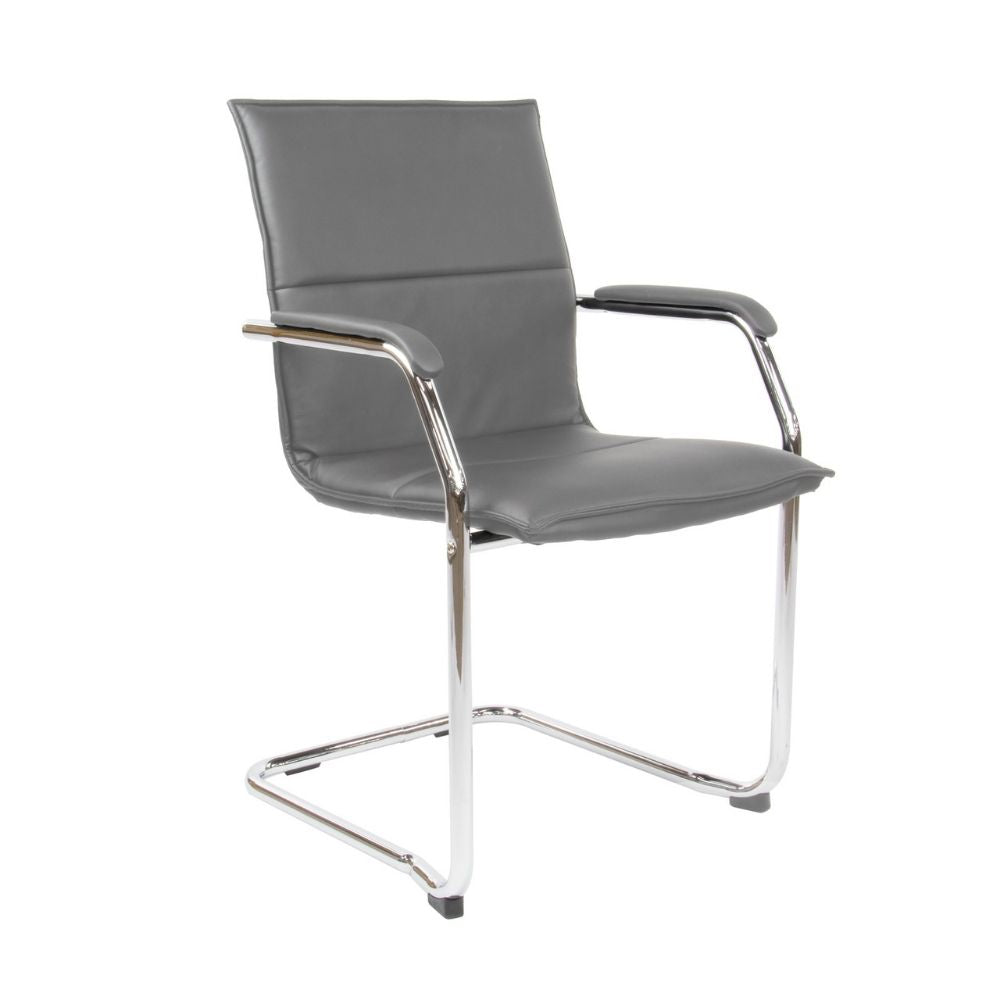 Contemporary office chair with grey padded seat and backrest, chrome cantilever base, and matching armrests. Offers slight bounce for comfort, suitable for conference rooms and minimalist interiors.