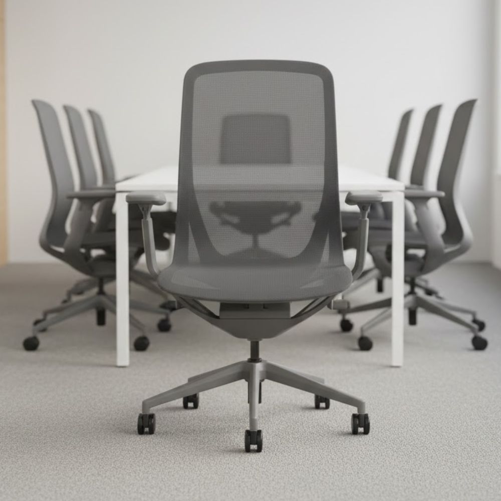 Dark grey mesh office chair with adjustable armrests and five star swivel base positioned in a contemporary meeting room with conference table and matching chairs in the background.