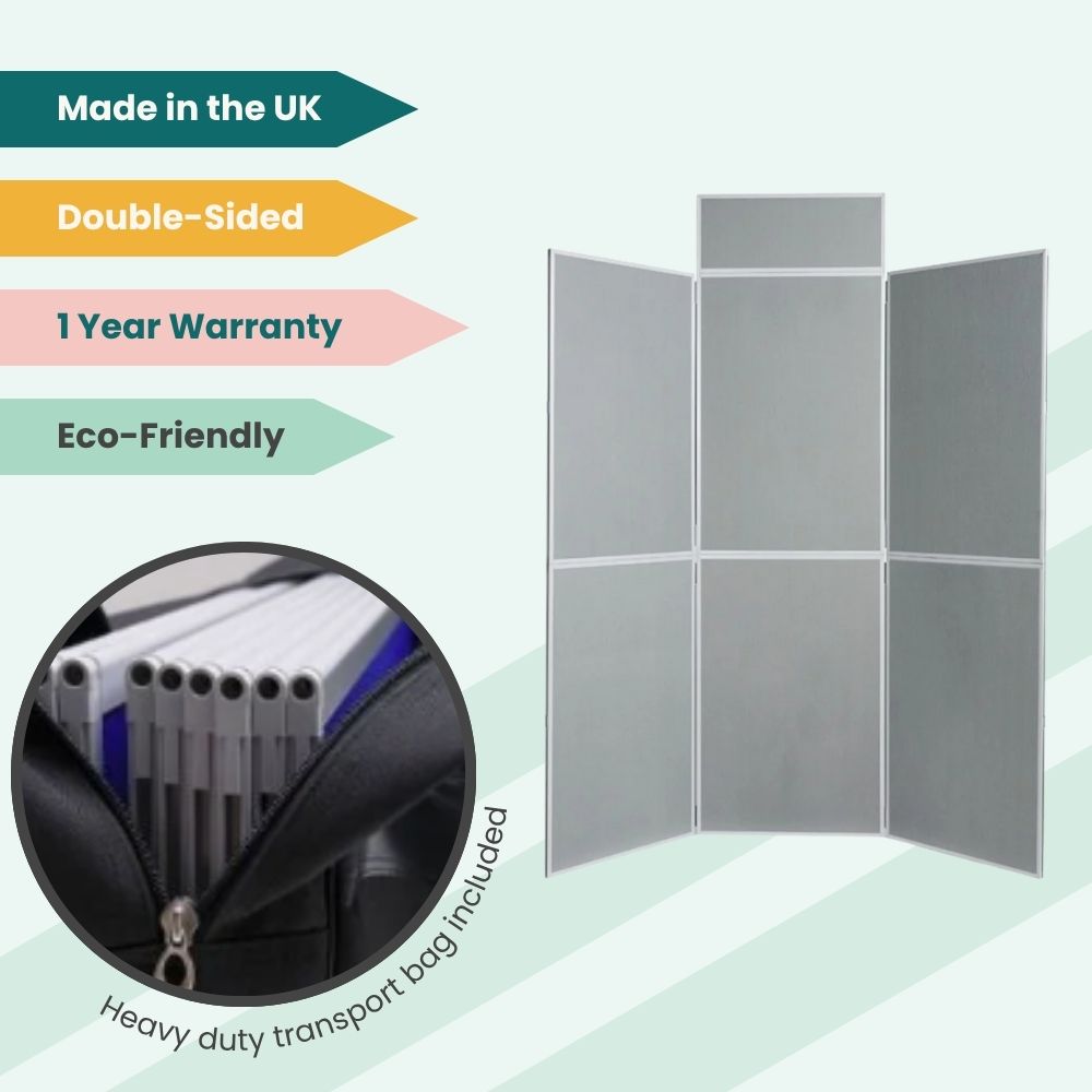 Freestanding grey modular display board with header panel and carry bag, designed for eco-conscious UK exhibitions.