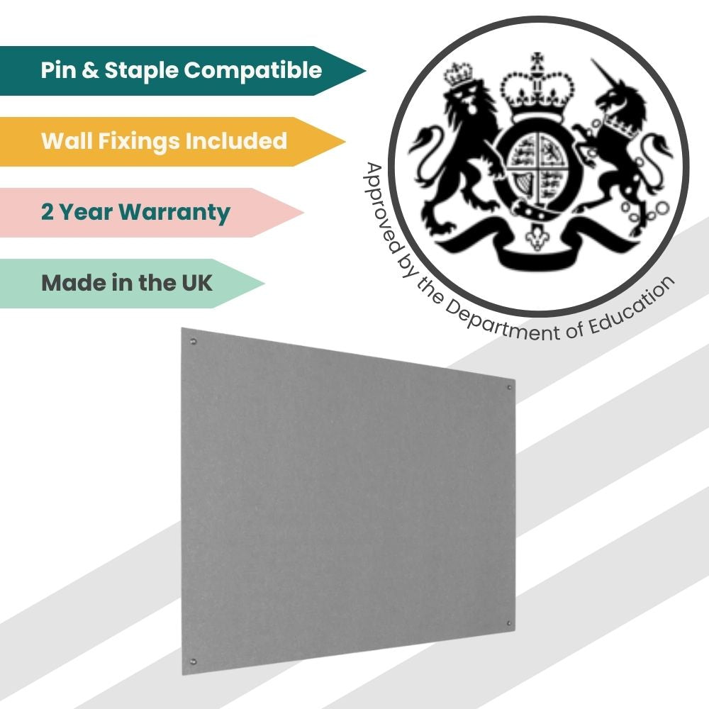 Grey pinboard with wall fixings and UK certification, designed for secure posting in schools.