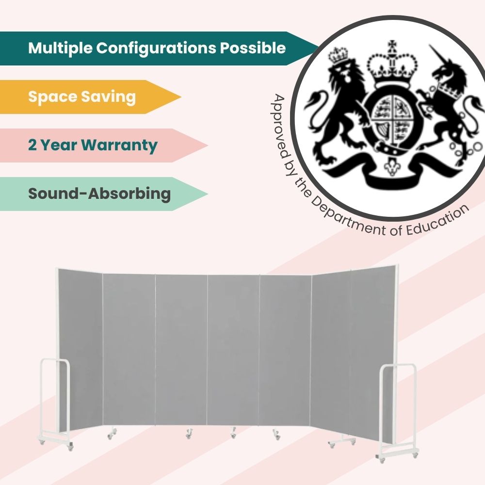 Curved grey divider with sound-dampening panels and modular design, certified for school interiors.