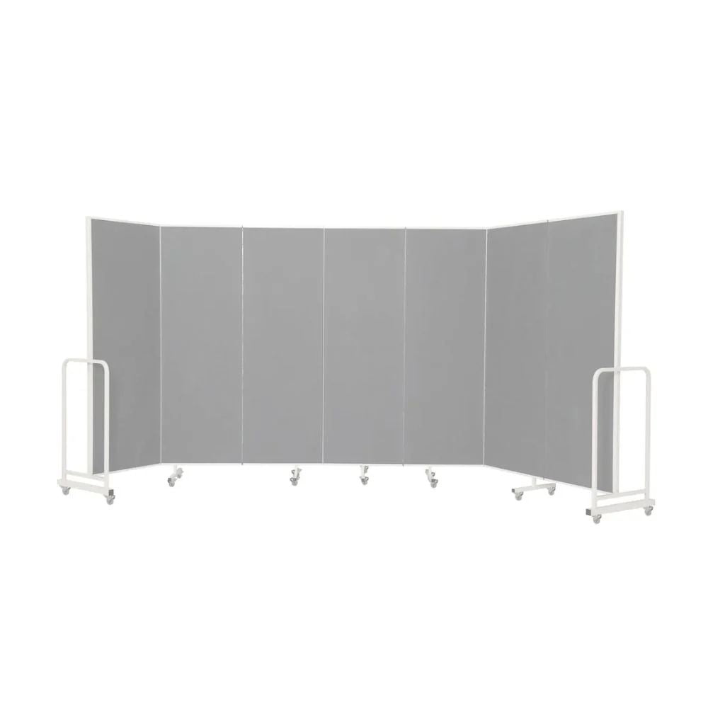 Seven-panel grey divider with angled layout and wheeled frame, ideal for adaptable room division.