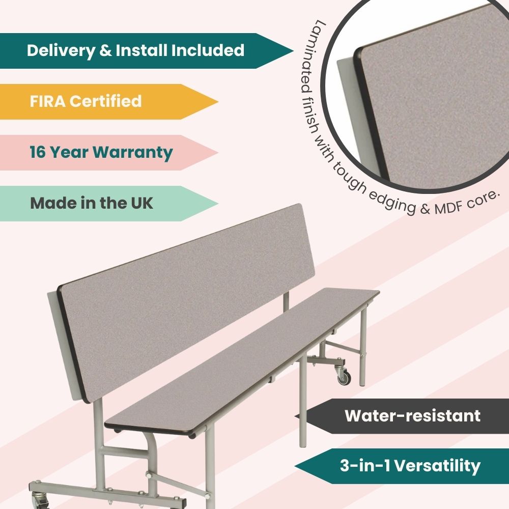 Grey speckled folding 3-in-1 school dining bench with laminated finish, water-resistant design, FIRA certification, 16-year warranty, and UK made quality.